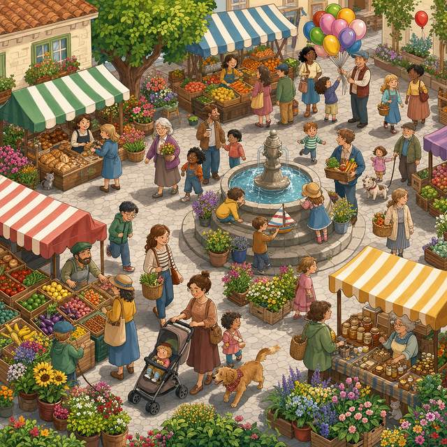 Wimmelbild eines belebten Marktplatzes mit Brunnen, Ständen und vielen Details